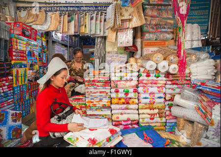 Marché Binh Tay, le propriétaire d'une entreprise à vendre des tissus à l'intérieur des ventes chèques marché Binh Tay dans le quartier de Cholon Saigon, Vietnam. Banque D'Images