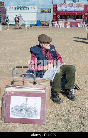 Tarrant Hinton, Blandford, Royaume-Uni. 2 Septembre, 2015. Jean Wisgston Artiste de Co Durham des croquis à la grande moteurs de traction à vapeur Dorset juste. Crédit : Paul Chambers/Alamy Live News Banque D'Images