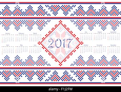 Calendrier 2017 avec ornement motif rond ethnique dans blanc rouge bleu couleurs Vector illustration. À partir de la collection du Balto-slave o Illustration de Vecteur