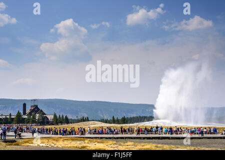 Une foule regarde le Old Faithful Geyser en éruption au cours d'une visite d'été à Parc National de Yellowstone Banque D'Images