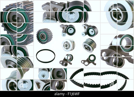 Pv en caoutchouc, courroies et galets d'engrenage pour le moteur de la voiture sur un fond blanc hd Banque D'Images