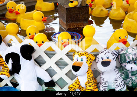 Canetons jouet en peluche et des prix dans un jeu d'adresse à la foire, nous, 2015. Banque D'Images