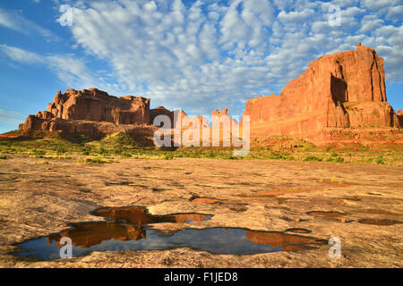 Réflexions dans des piscines en palais de lavage à l'Arches National Park près de Moab, Utah Banque D'Images