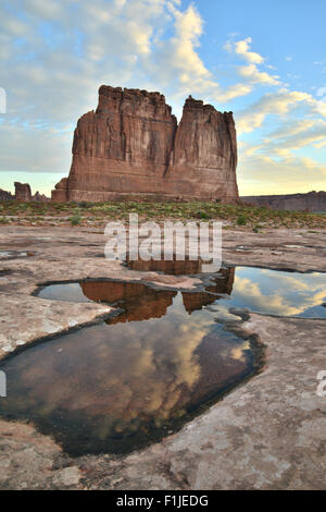 Réflexions dans des piscines en palais de lavage à l'Arches National Park près de Moab, Utah Banque D'Images