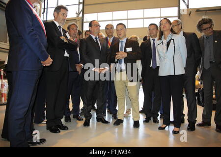 Visite présidentielle de François Hollande, à l'entreprise Air Liquide Technologies Avancées, près de Grenoble, Isère, France. Banque D'Images