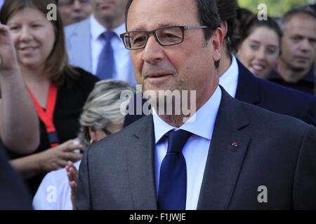 Visite présidentielle de François Hollande, à l'entreprise Air Liquide Technologies Avancées, près de Grenoble, Isère, France. Banque D'Images