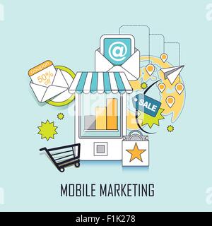 Concept de marketing mobile : les éléments liés à l'achat en ligne . Illustration de Vecteur