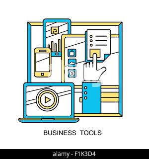 Outils d'affaires concept : une main avec différents appareils en ligne . Illustration de Vecteur