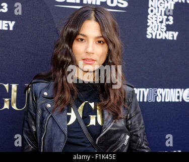 Sydney, Australie. 3 Septembre, 2015. L'ambassadeur David Jones Jessica Gomes sur le tapis rouge pour le Vogue fashion's Night Out. Credit : MediaServicesAP/Alamy Live News Banque D'Images