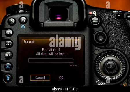 Carte Format toutes les données seront perdues message sur le dos de l'appareil Banque D'Images