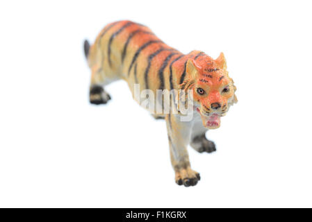 Un petit jouet tiger isolé sur un fond blanc. Banque D'Images