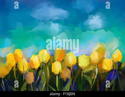 Tulipes fleurs jaune abstrait peinture à l'huile. avec fond de ciel bleu Banque D'Images