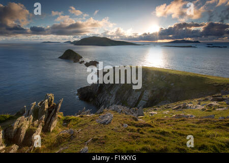 Îles Blasket au coucher du soleil de Dunmore Head, péninsule de Dingle, comté de Kerry, Irlande Banque D'Images