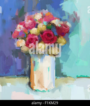 Résumé de peinture à l'huile nature morte bouquet de fleurs rose. Banque D'Images