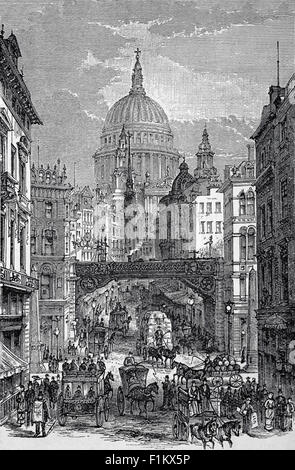 Vue du XIXe siècle sur la circulation animée à cheval sur la colline de Ludgate, en direction de la cathédrale Saint-Paul, Londres, Angleterre Banque D'Images