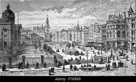 Vue du XIXe siècle depuis l'hôtel Queen's de l'infirmerie royale et Piccadilly Circus, un espace vert du centre-ville de Manchester, en Angleterre. Banque D'Images