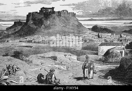 Une vue du XIXe siècle de l'Acropole, une ancienne citadelle située sur un éperon rocheux au-dessus de la ville d'Athènes et contient les vestiges de plusieurs anciens bâtiments d'une grande importance architecturale et historique, le plus célèbre étant le Parthénon. C'était Pericles (c. 495–429 av. J.-C.) au cinquième siècle av. J.-C., qui a coordonné la construction des vestiges présents les plus importants du site, y compris le Parthénon, la Propylaea, l'Erechtheion et le Temple d'Athena Nike Banque D'Images