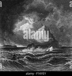 Illustration pour un Sonnet à 'Ailsa Craig' par John Keats. Ailsa Craig est une île située à l'extérieur du Firth de Clyde, à 16 kilomètres (10 milles) à l'ouest de l'Écosse continentale. Connu pour son nom de « jalon de Paddy », ce fut un havre pour les catholiques pendant la réforme écossaise au XVIe siècle. John Keats (1795–1821) était un poète anglais romantique, l'une des principales figures de la deuxième génération de poètes romantiques, avec Lord Byron et Percy Byshe Shelley, avant sa mort de la tuberculose à l'âge de 25 ans. Banque D'Images