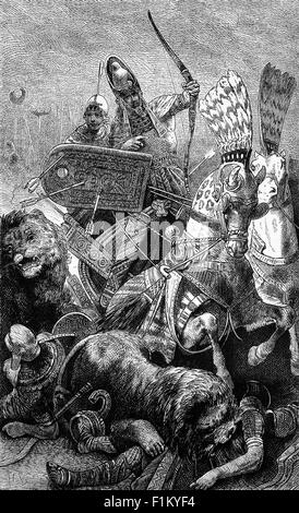 Rameses II à la bataille de Kadesh ou la bataille de Qadesh a eu lieu entre les forces du Nouveau Royaume d'Égypte sous Ramsès II et l'Empire Hittite sous Muwatalli II à la ville de Kadesh sur la rivière Orontes, Juste en amont du lac Homs, près de la frontière Liban-Syrie moderne. La bataille est généralement datée de 1274 av. J.-C. de la chronologie égyptienne et est la première bataille de l'histoire enregistrée pour laquelle des détails de tactiques et de formations sont connus. On croit aussi que c'est la plus grande bataille de chars jamais menée, impliquant entre 5,000 et 6,000 chars au total. Banque D'Images