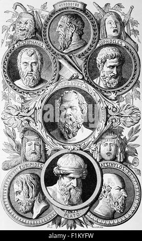 Les chefs de l'ancienne historiens, philosophes et dramaturges de la Grèce antique Banque D'Images