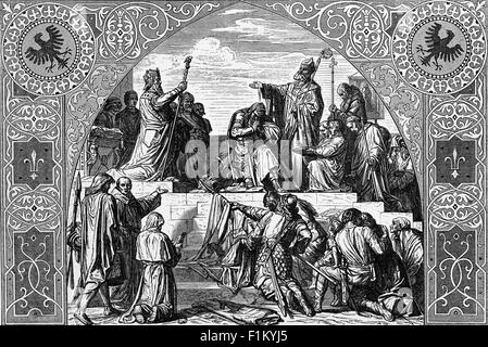 Le chef de Saxon Widukind, chef des Saxons qui se rend au roi Charlemagne en 785 après J.-C. Selon la légende, Widukind a vécu une vision qui a conduit à sa conversion au christianisme après qu'il ait été capturé. Il a été interrogé et avoué espionner le camp de Charlemagne dans le but de mieux connaître la foi chrétienne. Il a plus tard avoué la vision divine qu'il avait vue. L'empereur a conclu que Dieu avait donné à Widukind la grâce de voir l'enfant divin, Jésus, derrière l'Armée sacrée de la messe. Widukind a ensuite renoncé à son culte des idoles païennes. Banque D'Images