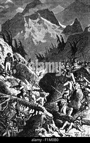 L'armée française sous le général de division Claude Lecourbe dans le col St Gothard, en Suisse, se préparant à la bataille du col Gotthard ou à la bataille du col St Gotthard en 1799 contre l'armée impériale russe commandée par le maréchal Alexandre Suvorov soutenu par deux brigades autrichiennes Habsbourg. L'armée austro-russe a réussi à capturer le col du Gotthard après des combats acharnés le premier jour. Banque D'Images