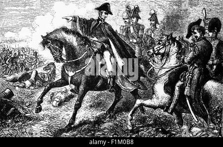 Duc de Wellington alias le duc de fer (1769-1852) dirigeant des manouvres pendant la bataille de Waterloo contre Napoléon Bonaparte (1769-1821). Lutté le dimanche 18 juin 1815, près de Waterloo en Belgique, l'armée française fut vaincue par deux des armées de la septième Coalition, une coalition menée par les Britanniques composée d'unités de Grande-Bretagne, des pays-Bas, de Hanovre, de Brunswick et de Nassau, Sous le commandement du duc de Wellington et d'une armée prussienne sous le commandement du maréchal von Blücher. La bataille a marqué la fin des guerres napoléoniennes. Banque D'Images