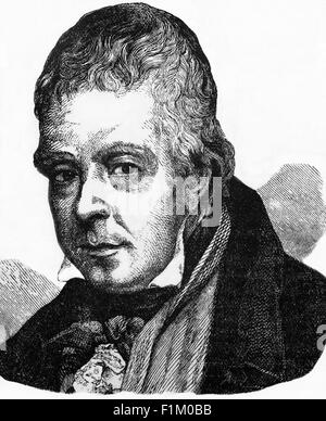 Un portrait de Sir Walter Scott, (1771-1832), romancier, poète, dramaturge et historien écossais dont les œuvres restent des classiques de la littérature anglaise et écossaise. Les titres célèbres comprennent la Dame du lac (poème narratif) et les romans Waverley, Old Mortality (ou le Tale de la vieille mortalité), Rob Roy, le coeur de Mid-Lothian, la mariée de Lammermoor, et Ivanhoe. La connaissance de l'histoire de Scott, et sa facilité avec la technique littéraire, en ont fait une figure fondamentale dans l'établissement du roman historique genre, ainsi qu'un exemple du romantisme littéraire européen. Banque D'Images