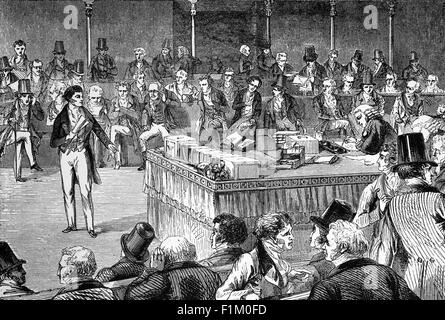 Lord John Russell, Whig anglais et politicien libéral, à la Chambre des communes britannique, présentant la Loi de réforme de 1832. Également connue sous le nom de loi de 1832 sur la représentation du peuple, c'est une loi du Parlement du Royaume-Uni qui a apporté des changements majeurs au système électoral de l'Angleterre et du pays de Galles. Il abolit de minuscules districts, donnait la représentation aux villes, donnait le vote aux petits propriétaires fonciers, aux agriculteurs locataires, aux commerçants, à certains propriétaires et à certains locataires, mais seuls les hommes qualifiés pouvaient voter. Banque D'Images