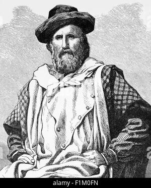 Portrait de Giuseppe Garibaldi (1807-1882), général italien, homme politique et patriote considéré comme l'un des plus grands généraux de l'époque moderne. Connu comme l'un des « pères de la patrie » de l'Italie, il est devenu un partisan de l'unification italienne sous un gouvernement républicain démocratique, mais après avoir participé à un soulèvement dans le Piémont, il a été condamné à mort. Il s'est échappé en naviguant vers l'Amérique du Sud et a passé 14 ans en exil. En 1848, il est retourné en Italie et a commandé et combattu dans des campagnes militaires qui ont finalement conduit à l'unification italienne. Banque D'Images