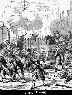 La retraite allemande à Cambray, dans le nord de la France, lors de la guerre franco-prussienne de 1870-1871, conflit principalement causé par la détermination de la France à rétablir sa position dominante en Europe continentale, qu'elle avait perdue après la victoire écrasante de la Prusse sur l'Autriche en 1866. Banque D'Images