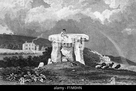 Illustration du XIXe siècle de la maison de Coty de Kit ou de la maison de Coty de Kit, une longue barrow chamberée près du village d'Aylesford dans le Kent. Construit vers 4000 BCE, par des communautés pastorales peu après l'introduction de l'agriculture en Grande-Bretagne depuis l'Europe continentale au début de la période néolithique de la préhistoire britannique. Banque D'Images