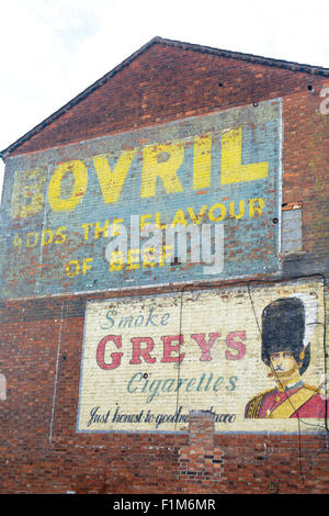 Vintage grand panneaux de publicité peinte pour le boeuf Bovril boire et cigarettes gris sur le mur à Bedford, Bedfordshire, Angleterre Banque D'Images