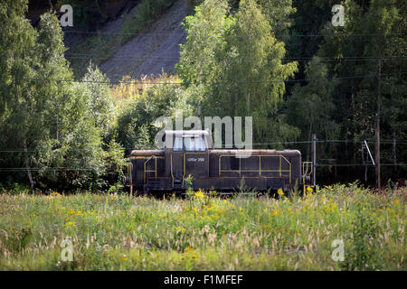 Une vieille locomotive se dresse sur la locaux de l'ancien musée Julia/Thorez mine, aujourd'hui connu sous le nom de 'vieille Mine', en Walbrzych, Pologne, le 3 septembre 2015. Un char allemand de la Seconde Guerre mondiale est situé à une profondeur de 70 mètres entre les points milliaires 60 et 65 dans une cachette souterraine à l'intérieur de la mine. Selon des légendes locales, deux trains de réservoir, qui ont disparu sans laisser de traces dans les derniers mois de la Seconde Guerre mondiale, lorsqu'elle est cachée dans le repaire souterrain. La cargaison du train, cependant, reste l'objet de nombreuses spéculations dans le monde entier. Photo : Arno Burgi/dpa Banque D'Images