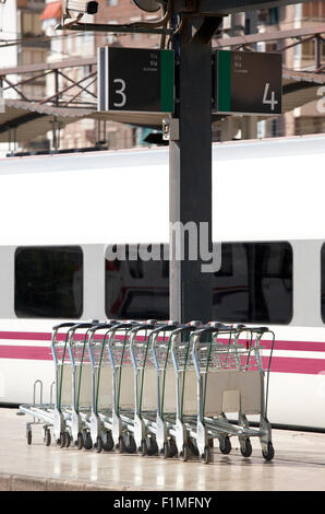 Chariots valise bagage roulette dans une gare avec train Banque D'Images