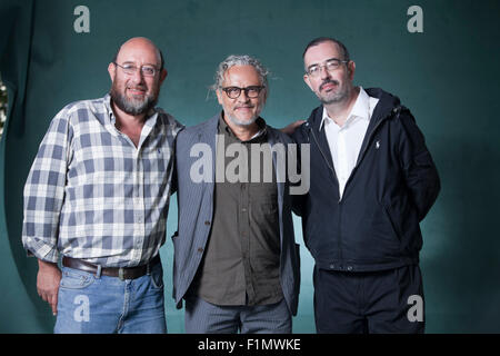 Eduardo Antonio Parra (gauche) Gabriel Orozco (centre) et Pablo Soler Frost, à l'Edinburgh International Book Festival 2015. Edimbourg, Ecosse. 17 août 2015 Banque D'Images