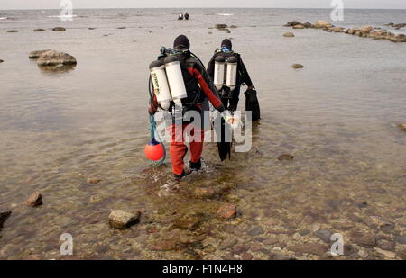 AJAXNETPHOTO - 20 août 2008, Brusviken, Gotland, Suède - HUMA - Patrimoine - Archéologie Sous-marin plongeurs bénévoles font doucement leur chemin hors de l'un des sites à 200 mètres de l'épave au large des côtes où les navires qui Danish-Lubeck a sombré au large de l'île en 1566 ont été trouvés. PHOTO:JONATHAN EASTLAND/AJAX REF:82008 1240 Banque D'Images