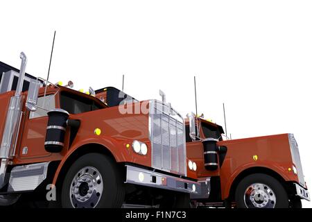 Truck Stop Parking Concept Illustration. Deux camions semi rouge sur le stationnement isolé sur fond blanc. Convoi de la flotte de camions. Banque D'Images