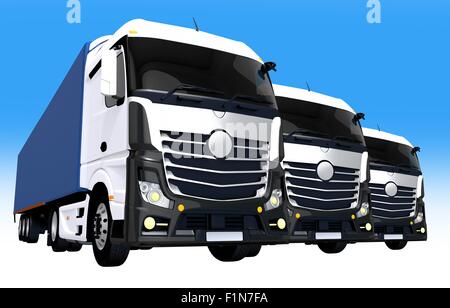La flotte de camions Concept Illustration. Trois camions semi euro flotte. Banque D'Images
