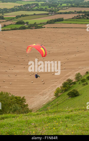 Firle Beacon, East Sussex, Royaume-Uni.4 septembre 2015.Overcast avec une brise Nordique font de bonnes conditions De Parapente, si un peu plus frais, au-dessus des South Downs. Banque D'Images