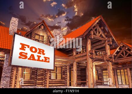 Accueil Journal de luxe à vendre avec grand For Sale Sign en face. Concept immobilier 3D Illustration. Banque D'Images