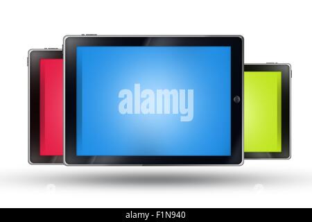 Trois comprimés isolé sur blanc. Bleu, Rouge et vert s'affiche. Concept de la technologie mobile. Banque D'Images