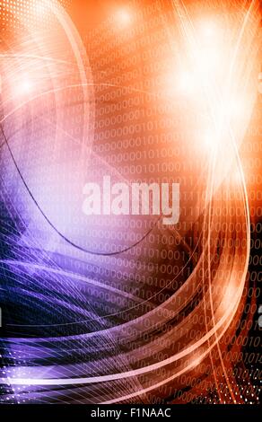 Fond numérique vertical futuriste brillant avec éléments lumineux et brillant. Les couleurs orange et violet. Banque D'Images