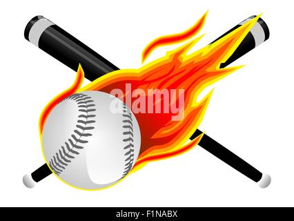 Baseball en flammes. Les bâtons de baseball, softball et flammes illustration isolé sur blanc. Banque D'Images