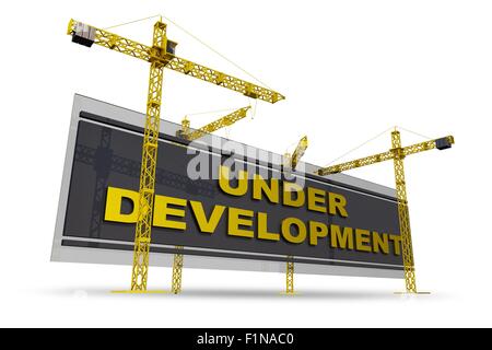 En cours de développement Concept Illustration. De grands panneaux publicitaires et les grues de construction isolé sur blanc. Rendu 3D graphique. Banque D'Images