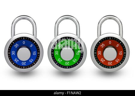 3D Serrures en métal isolé sur blanc - petit Metal se verrouille en trois couleurs différentes : bleu, vert et rouge. Les objets 3D Illustrations Banque D'Images