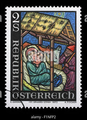 Timbres de Noël par l'Autriche, montre la Nativité, vers 1973 Banque D'Images