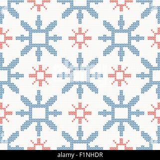 Tricot Noël motif transparent bleu et rouge avec des flocons de neige sur un fond blanc Illustration de Vecteur