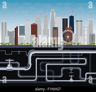 Grande ville imaginaire avec des gratte-ciel, ciel bleu, arbres et des tubes. Vector Illustration Illustration de Vecteur