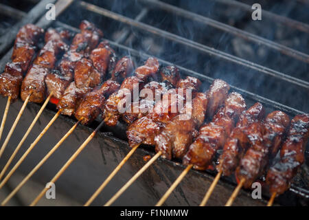 La cuisson à l'aventure sur un feu de charbon de satay barbecue Banque D'Images